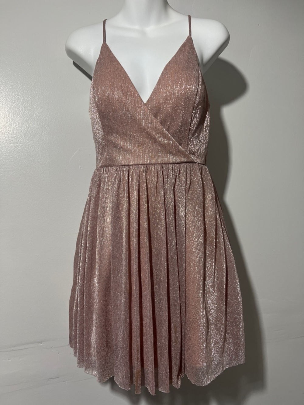 Windsor Blush Metallic Pleated V-Neck Mini Dress